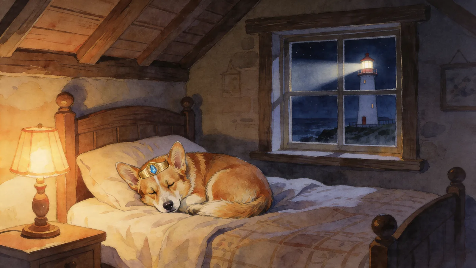 Prince Freddie, a small corgi, sleeps in his cottage while the lighthouse beam rests on the Spanish sea.